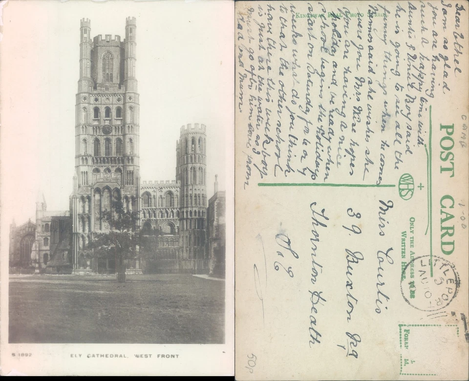 Ely Cathedral West Front Cambridgeshire England Photochrom Co Ltd 1908 postmark - Image 1 of 1