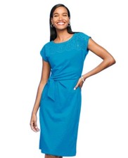 Talbots Slub Cotton Tie Waist Dress Sz S Blue Floral Eyelet Trim Cotton
