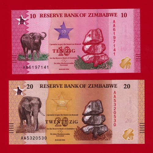 Two 2) ZIMBABWE UNC Notes - 10 Zig 2026 (Pick-115a) and 20 Zig 2026 (Pick-116a)