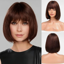 Reddish Brown Wig with Bangs Short Straight Human Hair Wigs for Women Daily Use