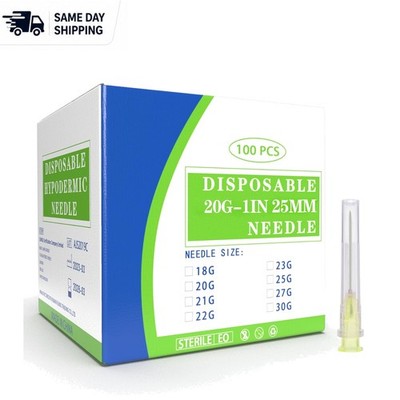 Durable 20G 1 Inch Disposable Needles - 100 Sterile Individually Wrapped Pack