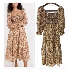 Moon River Leaf Print Smocked Tiered Midi Dress Puff Sleeve Brown Cottage XS NEW