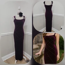 VTG Y2K Jump Apparel Eggplant Velour Slinky Maxi Dress Glitter Accents