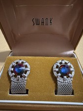 Vintage Swank Mesh Chain Cuff Links With Multi Color Stones Silver Tone