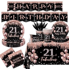 142Pcs 21st Birthday Tableware Decorations for Girl,Black Rose Gold Tableware...