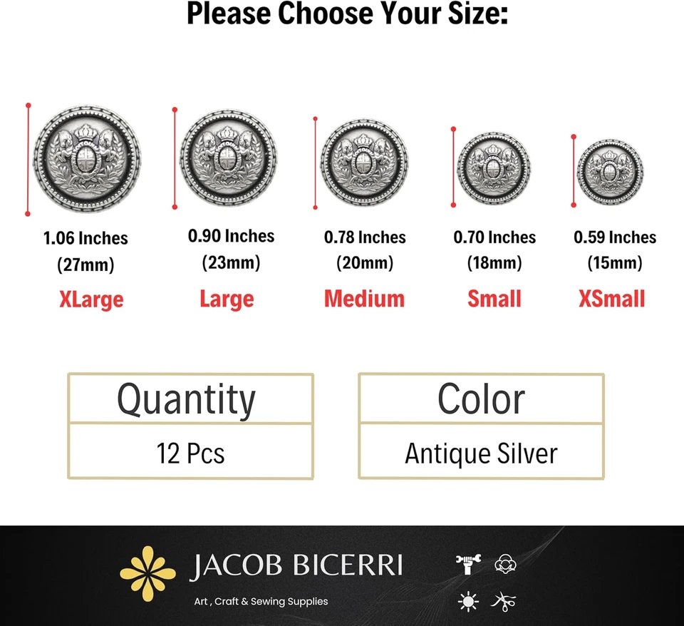 Antique Silver Metal Buttons - 12 Pcs - 5 Size Options - Twin Horse round Metal  - Image 3 of 4