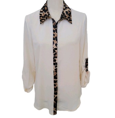 White Button Down Shirt Small Animal Print Blouse Ivory George Simonton Says
