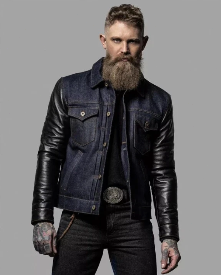 Men's Blue Jeans Style Jacket with leather Sleeves Biker Style Trucker jacket