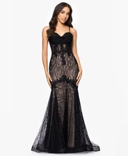 Blondie Nites Juniors' Lace Sweetheart-Neck Lace-up-Back Gown - Black/nude - 3