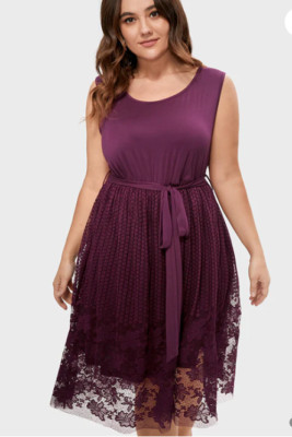 NWT Bloomchic Plain Round Neck Contrast Lace Mesh Belted Knee Dress Size 30