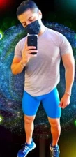 Mens Thin Blue Shiny Spandex Compression Shorts Half Tights Small