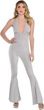 Silver Disco Jumpsuit 70's Fever Retro Fancy Dress Up Halloween Adult Costume