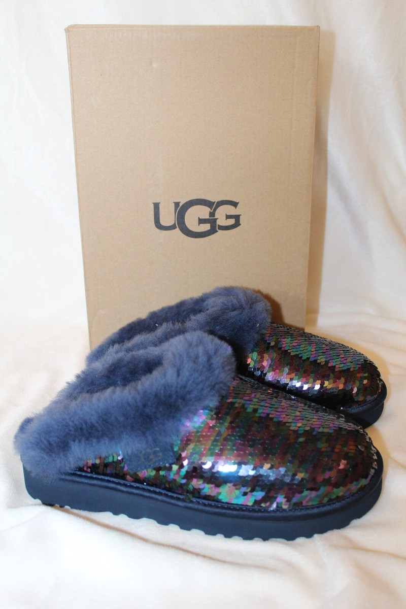 UGG Women's Navy Cluggette Sequin Slipper Shoes Sheepskin Lining