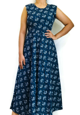 Indigo Leaf Block Print Summer Dresses , Flared Dress, Beach Wear, Midi  Sundress | eBay