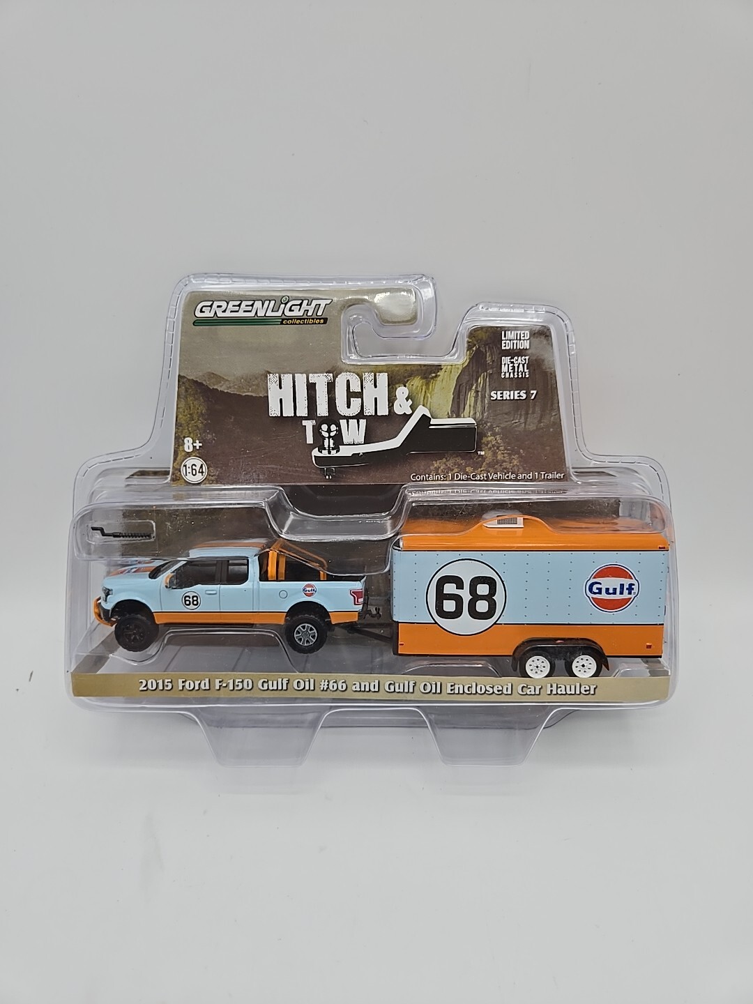 2015 Ford F150 Gulf Oil #66 Green Machine 1/64 Greenlight Hitch & Tow Trailer