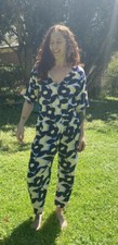 H M Jumpsuit V Neck Pants Pockets Navy Blue  Ivory Maximalist Mod Floral Size 8