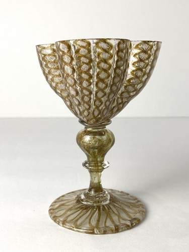 Antique Salviati Murano Wine Glass Goblet Zanfirico Aventurine 4 Lobed 19TH CENT - Picture 5 of 21