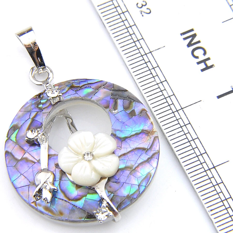 Радужная раковина ручной работы из абалона цветок резная раковина драгоценные камни серебряное ожерелье кулон - Изображение 3 из 4