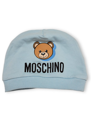 New Moschino Baby Boy Light Blue Hat with Teddy Logo Print 3/6m