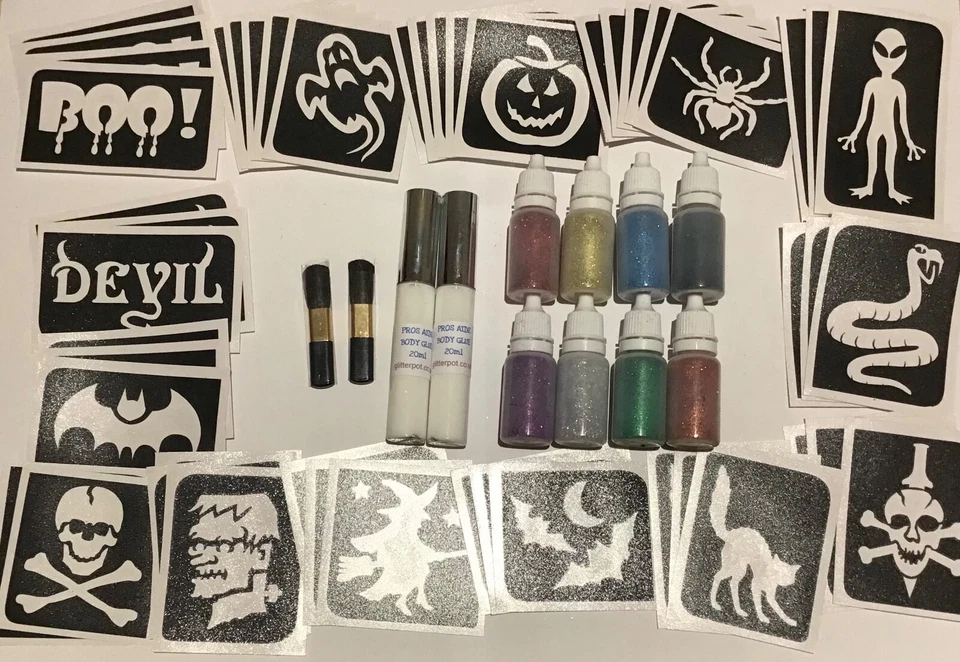 LARGE HALLOWEEN GLITTER TATTOO BUSINESS KIT GHOST PUMPKIN WITCH SKULL MONSTER