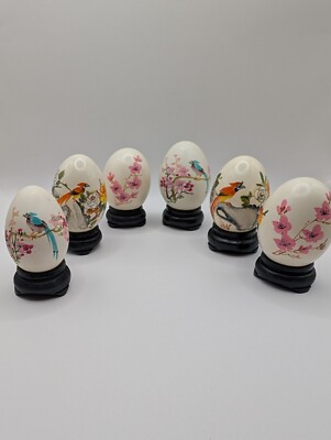 6 handbemalte echte mundgeblasene Hühnerei Osterschmuck mit Ständer