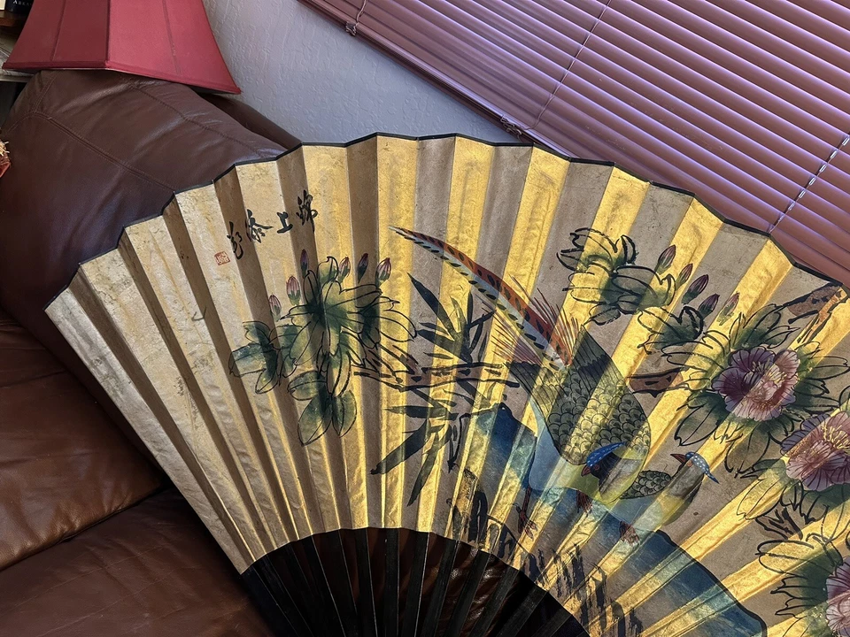 ENORME 32” RADIO ANTIGUO CHINO DORADO ACUARELA ABANICO PINTURA FIRMADA Foto 4 de 4