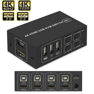 4 Port HDMI 2.0 KVM Switch Box 4K 60Hz USB KVM Switcher PC Keyboard Mouse Share