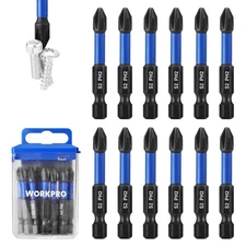WORKPRO 12pcs PH2 Impact Phillips Screwdriver Bit Set S2 Steel Magnetic 2" Bits