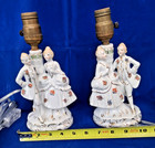 Antique Rewired Pair  1900s JAPAN Porcelain Man & Woman Table Lamps  9 3/4" Tall — photo 3