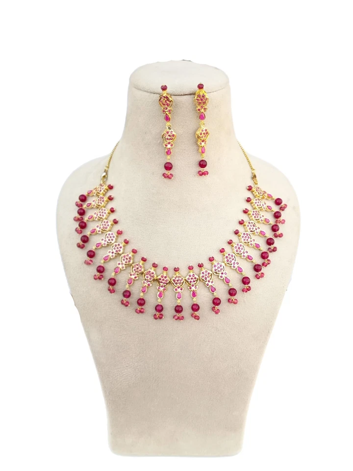 Ruby Necklace Set for Women 24K Gold Plated Jewelry with Earrings Bridal Party - image 4 of 4