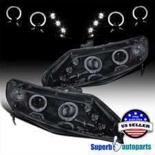 Fits 2006-2011 06-11 Civic Led Dual Halo Projector Headlights Glossy Black Smoke