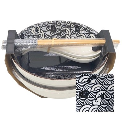 SH Home Black Waves Cats Ceramic Ramen Noodle Bowl Set of 2 w/ Chopsticks Spoons
