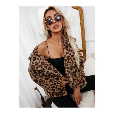 Womens Faux Fur Leopard Print Jacket   Soft Fluffy Elegant Mid Length Fashion Ja