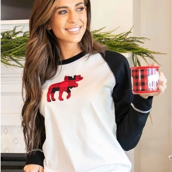🌻Lazy One Moose Long Sleeve Cream Black Buffalo Check Pajama Lounge Top Size XL - Image 3 of 4