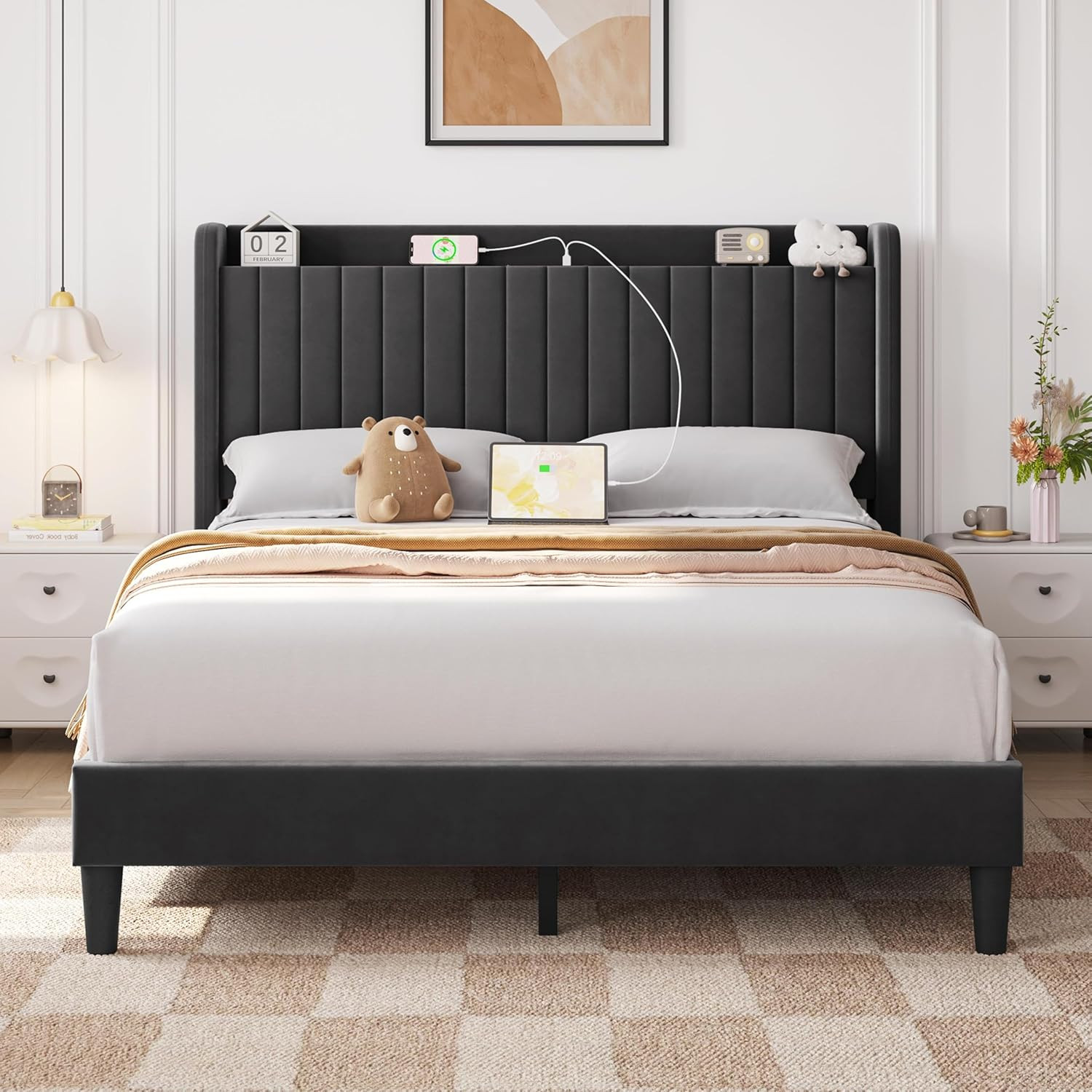 Stylish Queen Bed Frame with USB, Storage Shelf, and Easy Assembly - Dark Grey