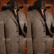 Vintage Tweed Men's Suit Spring Winter Woolen Jacket Blazer Outdoor 3Pcs
