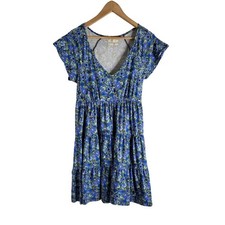 Urban Outfitters Floral Babydoll Mini Dress Blue V-Neck Tiered Stretch Size S