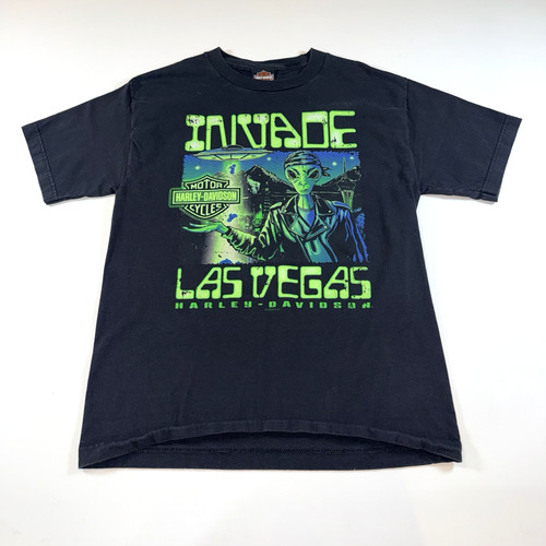 Rare 2023 Harley Davidson Men's Black & Green "Invade Las Vegas" Alien T-Shirt M