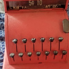 Vintage Red Tin Mechanical Toy Cash Register Collectible with Multiple Keys