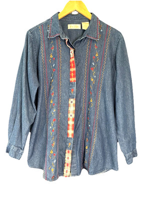 Vtg 90s Y2K Bobbie Brooks Denim Shirt Sz L Blue Floral Embroidery Red Plaid Trim