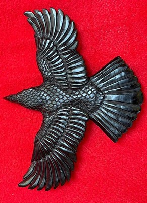 Magical Carved  Jet Giant Flying Raven ~ Crow Shamanic Power Pendant