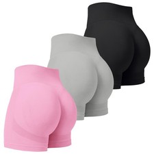 3 Piece Womens Workout Shorts Scrunch Butt Lifting Seamless High Waist Yoga G...