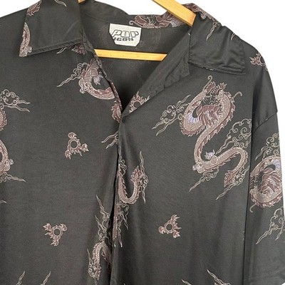 Pop Icon Mens Black Dragon Short Sleeve Button Down Shirt Large Made in USA
