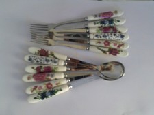 6  Cake  forks and 6 Tea Spoons  FLORAL DESIGNS Ceramic handles REDUCED PRICE