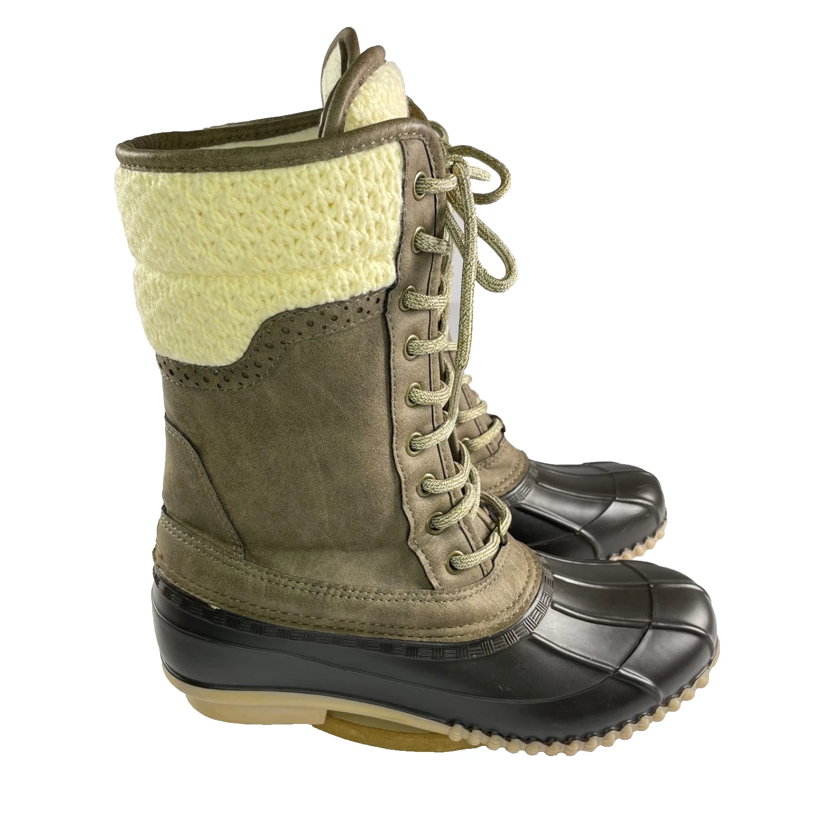 Magellan Rain Duck Boots Womens 8 Brown Waterproof Tall Lined Lace Up Sweater