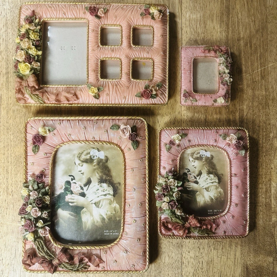 Vintage Rare Ceramic Picture Frames - Pink/Gold, Roses/Ribbons 1960's- lot of 4 - Image 2 of 4