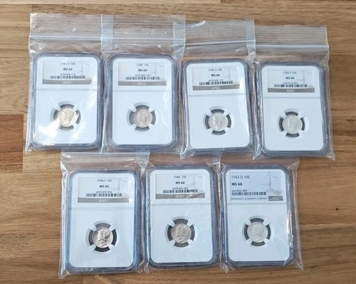 7 PIECE LOT 1943, 1944 And 1945 MERCURY DIMES NGC MS66 SILVER 10C