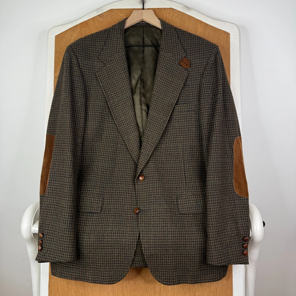 复古粗花呢夹克男式 42L 棕色千鸟格 2 按钮羊毛皮革肘垫 — 第 2/4 张图片