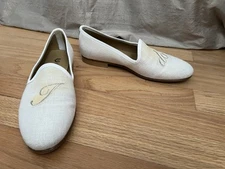 Del Toro 37 “I Do” White Linen Loafer Shoes Flat 7 Leather Embroidered