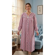 Lanz of Salzburg Women's Flannel Nightgown Size M Red White Floral Prairie Vtg